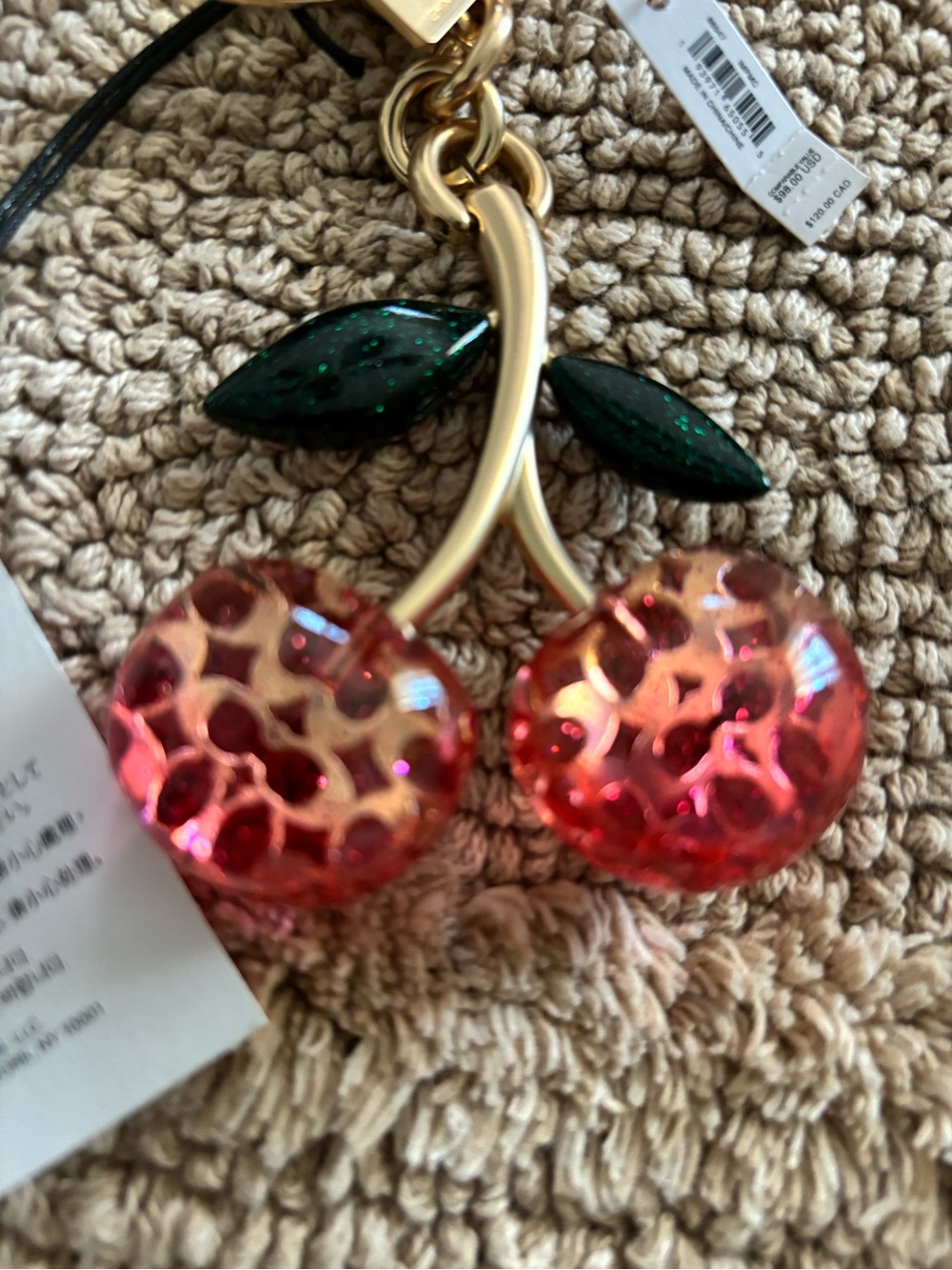 Coach Pink Cherry Resin Key Charm with Gold-Tone Hardware and Dark Green Leaves - Picture 4 of 5